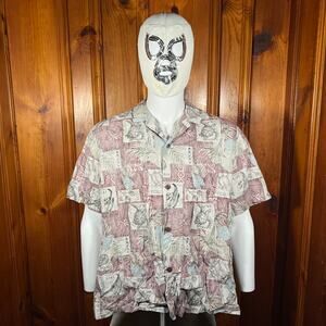 ROYAL HAWAIIAN CREATIONS L Vintage Tiki Aloha Shirt Burgundy Ukulele 80s 90s